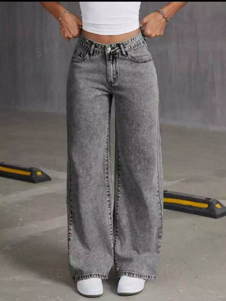 Pantalón de jean wide leg marmolado, tipo palazzo, pata ancha, tiro alto premium