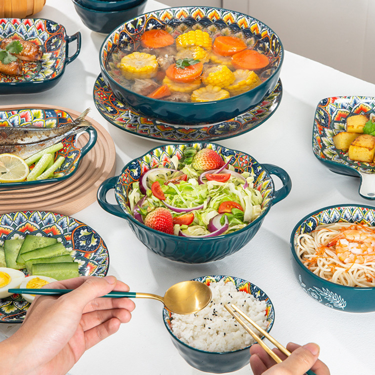 Juego de Comedor Completo de 14 Piezas en Cerámica con Estampa Elegante y Diseño Atemporal