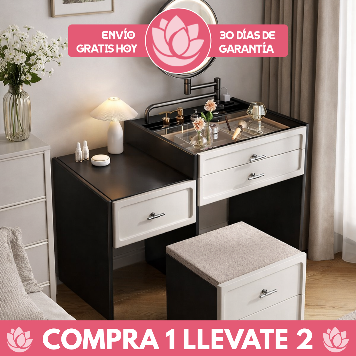 [Llevá 2 Pagá 1] Mesita Organizadora de Dormitorio de Madera con 4 Cajones y Compartimentos Inteligentes
