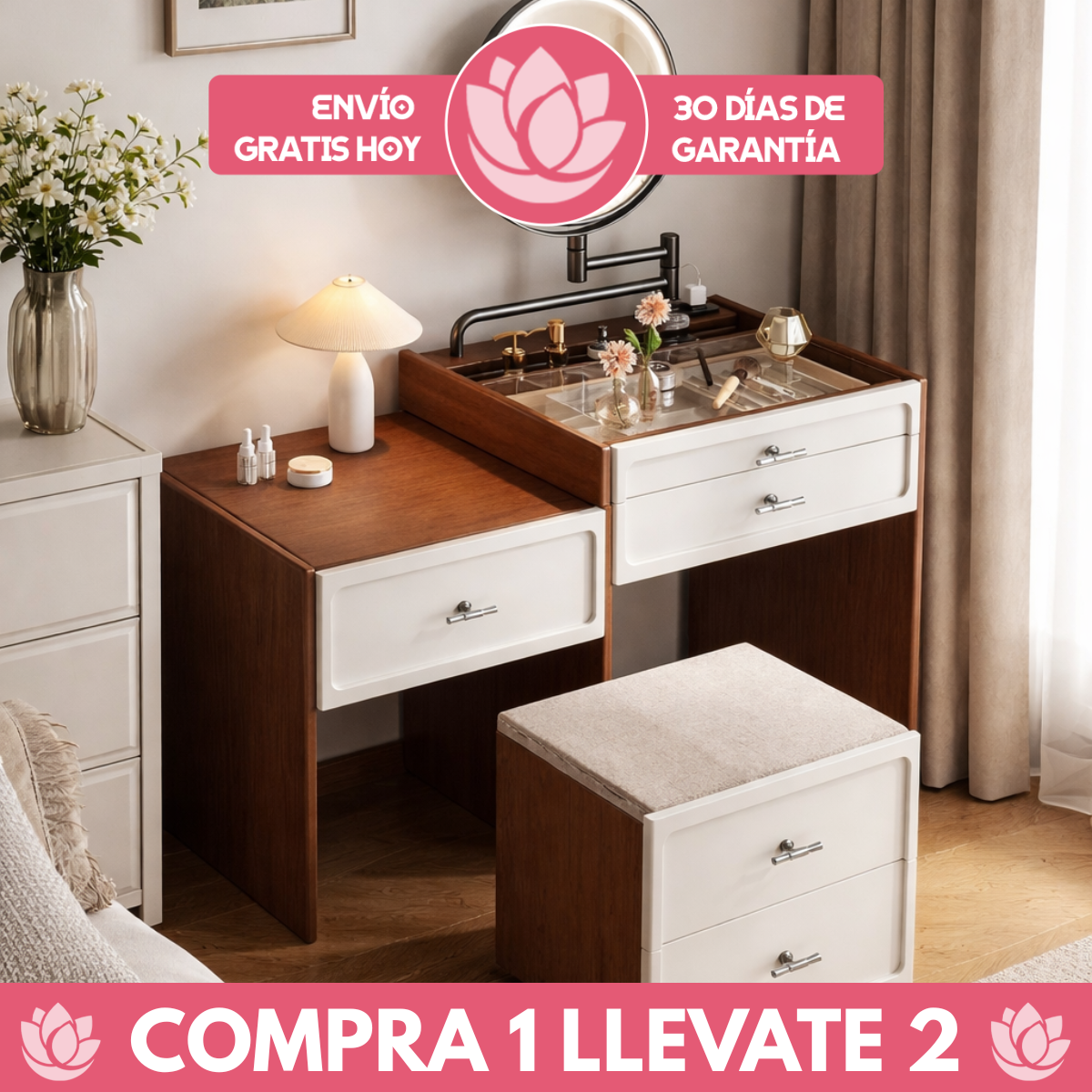[Llevá 2 Pagá 1] Mesita Organizadora de Dormitorio de Madera con 4 Cajones y Compartimentos Inteligentes
