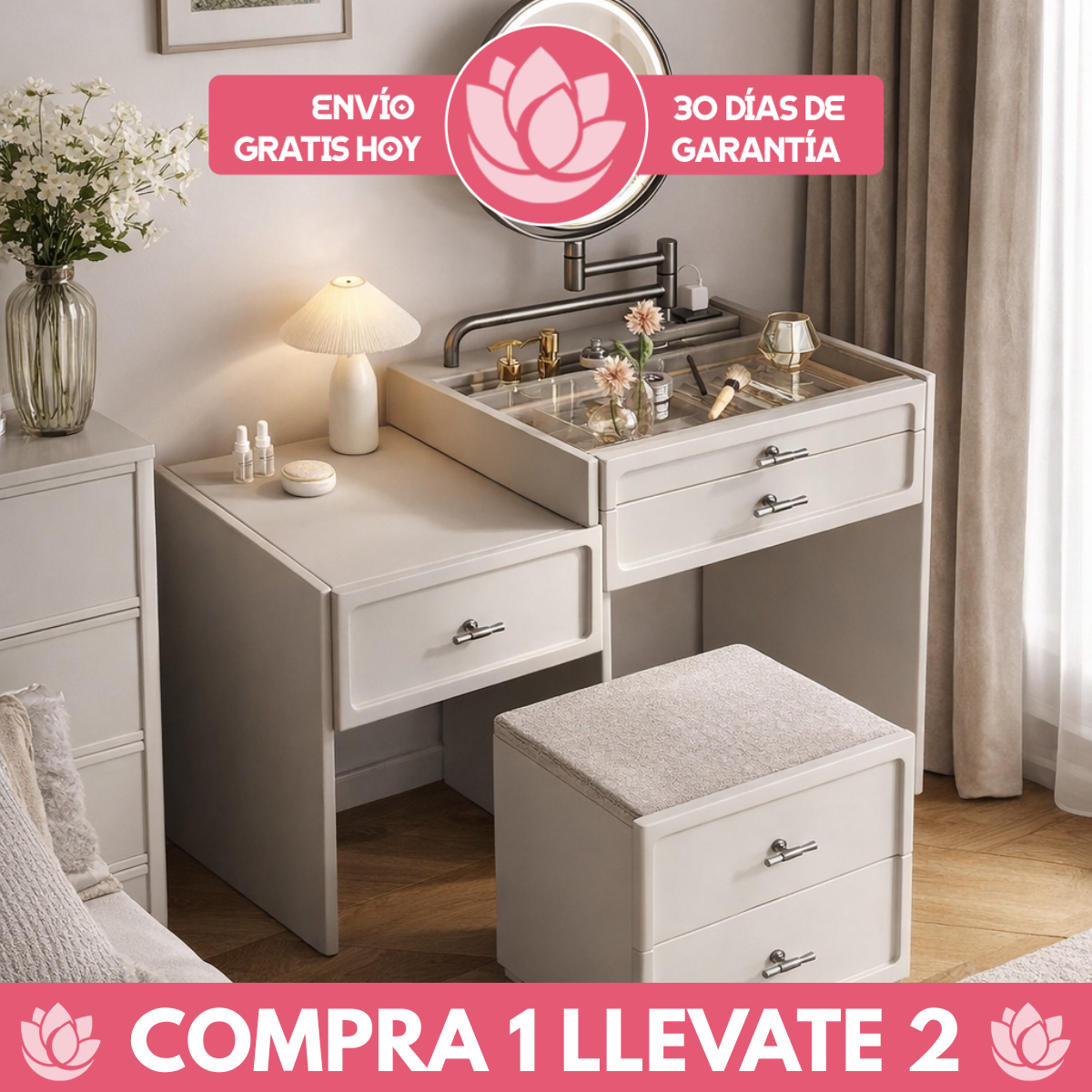[Llevá 2 Pagá 1] Mesita Organizadora de Dormitorio de Madera con 4 Cajones y Compartimentos Inteligentes