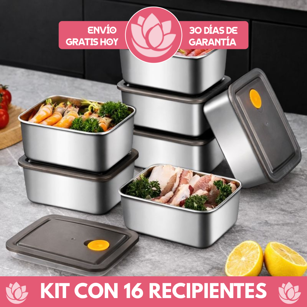Kit de 16 Recipientes de Acero Inoxidable Línea Premium con Tapa Antifugas Resistente al Congelador y a Altas Temperaturas